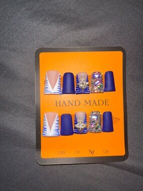 Hand Made Blue Matte and Rhinestone Press-On Nail Set